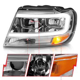 ANZO 1999-2004 Jeep Grand Cherokee Crystal Headlights w/ Light Bar Chrome Housing - 0