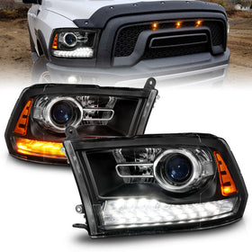 ANZO 09-18 Dodge Ram 1500/2500/3500 LED Plank Style Headlights Switchback + Sequential - Matte Black - 0