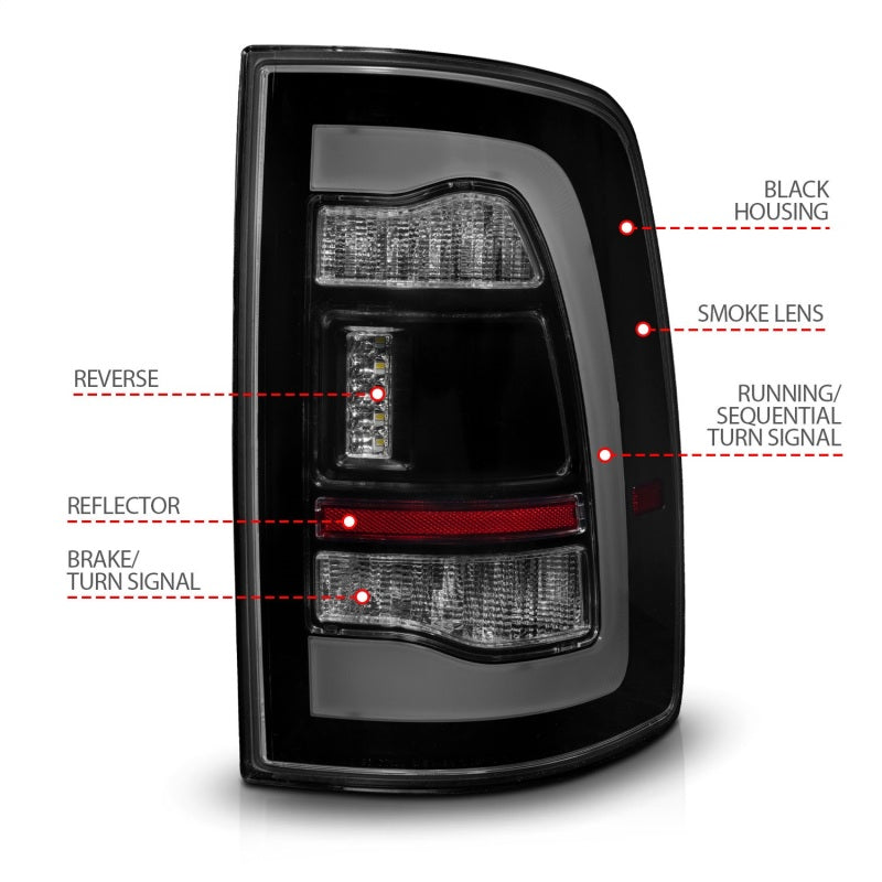 ANZO 09-18 Dodge Ram 1500 Sequential LED Taillights Smoke Black w/Switchback Amber Signal - 0