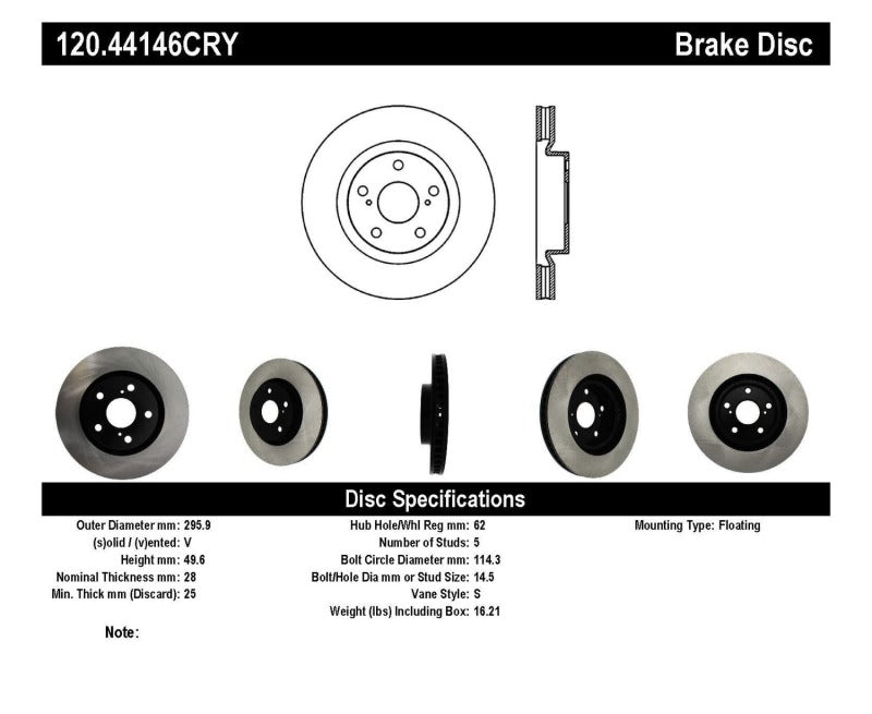 Stoptech 07 Lexus ES350 / 09 Pontiac Vibe / 09 Toyota Matrix Front CRYO-STOP Brake Rotor - 0