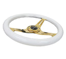 NRG Classic Wood Grain Steering Wheel (350mm) White Grip w/Chrome Gold 3-Spoke Center-1