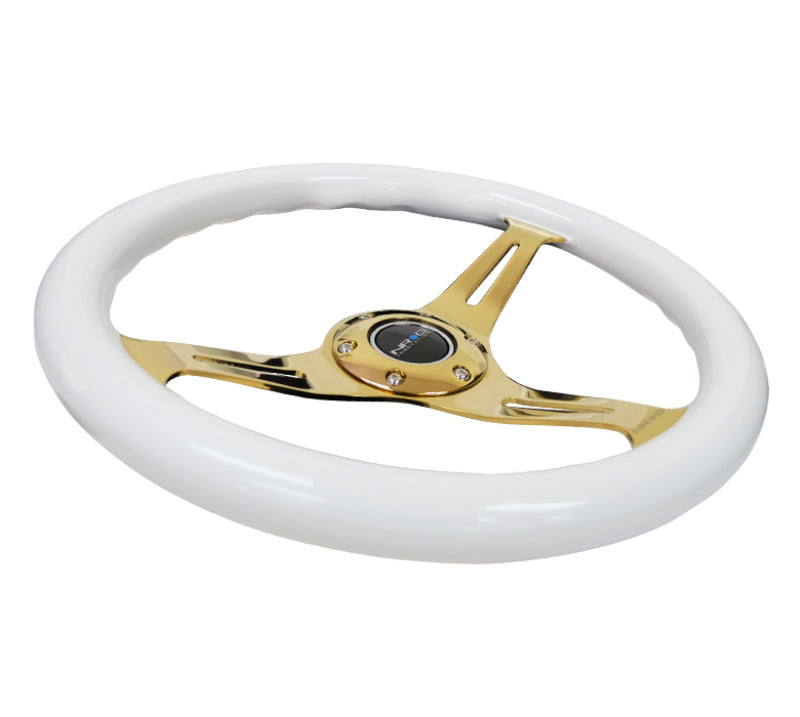 NRG Classic Wood Grain Steering Wheel (350mm) White Grip w/Chrome Gold 3-Spoke Center