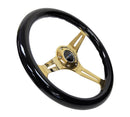 NRG Classic Wood Grain Steering Wheel (350mm) Black Grip w/Chrome Gold 3-Spoke Center-1