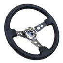 NRG Reinforced Steering Wheel (350mm / 3in. Deep) Blk Leather w/Gunmetal Circle Cutout Spokes-1