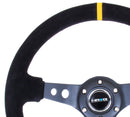 NRG Reinforced Steering Wheel (350mm / 3in. Deep) Blk Suede w/Circle Cut Spokes & Single Yellow CM-1