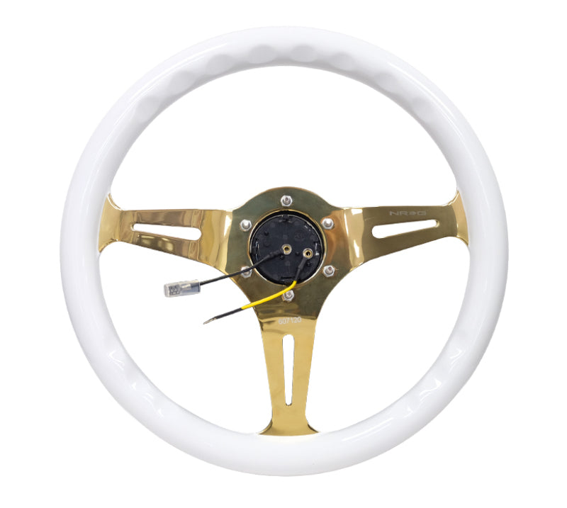 NRG Classic Wood Grain Steering Wheel (350mm) White Grip w/Chrome Gold 3-Spoke Center - 0