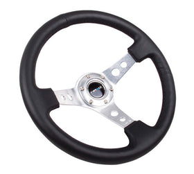 NRG Reinforced Steering Wheel (350mm/3in. Deep) White Leather w/Blk Spoke/Round Holes/White Stripes - 0