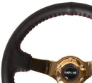 NRG Reinforced Steering Wheel (350mm / 3in. Deep) Blk Leather/Red BBall Stitch w/4mm Gold Spokes-1