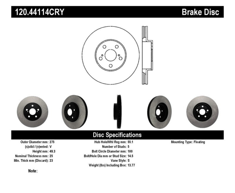 Stoptech 01-05 Toyota Celica GT & GT-S/05-09 Scion tC Front CRYO-STOP Rotor - 0