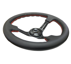 NRG Reinforced Steering Wheel (350mm / 3in. Deep) Black Leather/Red Stitch & Blk 3-Spoke w/Slits - 0