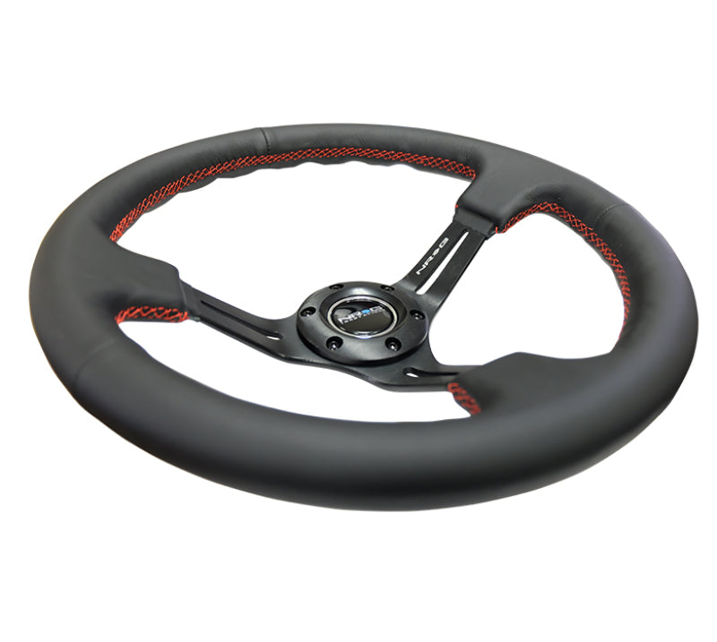 NRG Reinforced Steering Wheel (350mm / 3in. Deep) Black Leather/Red Stitch & Blk 3-Spoke w/Slits - 0