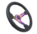NRG Reinforced Steering Wheel (350mm / 3in. Deep) Blk Leather/Blk Stitch w/Neochrome Slits-1