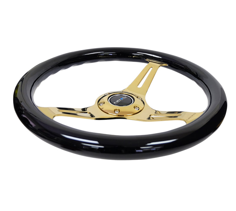 NRG Classic Wood Grain Steering Wheel (350mm) Black Grip w/Chrome Gold 3-Spoke Center - 0