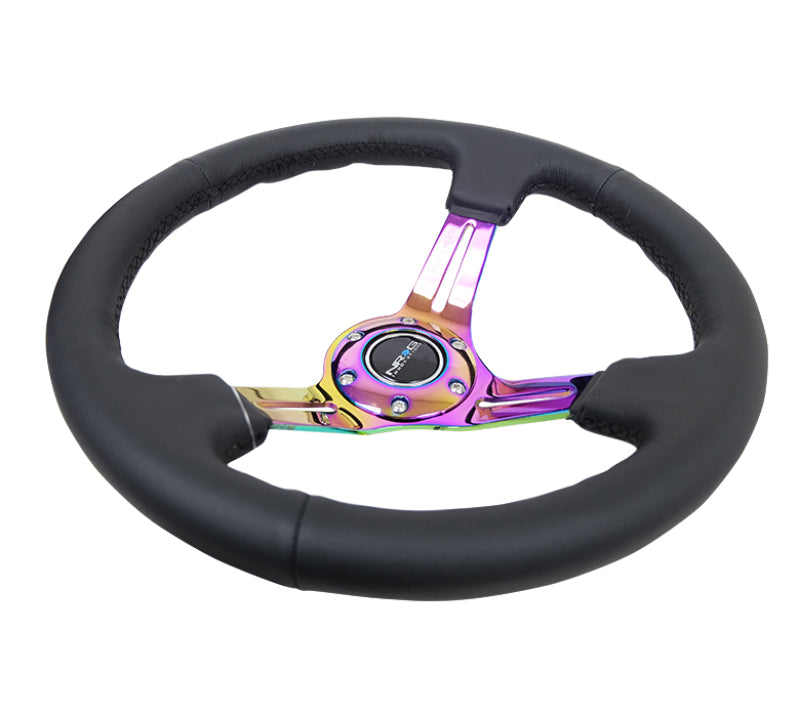 NRG Reinforced Steering Wheel (350mm / 3in. Deep) Blk Leather/Blk Stitch w/Neochrome Slits - 0