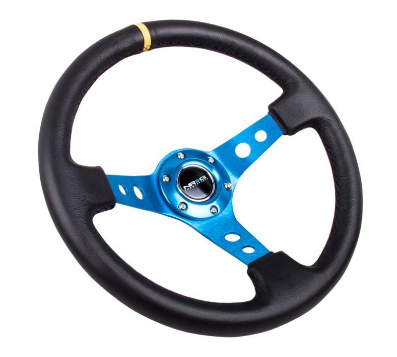 NRG Reinforced Steering Wheel (350mm / 3in. Deep) Blk Leather w/Blue Circle Cutout Spokes - 0