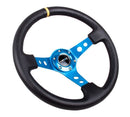 NRG Reinforced Steering Wheel (350mm / 3in. Deep) Blk Leather w/Blue Cutout Spoke & Single Yellow CM-1