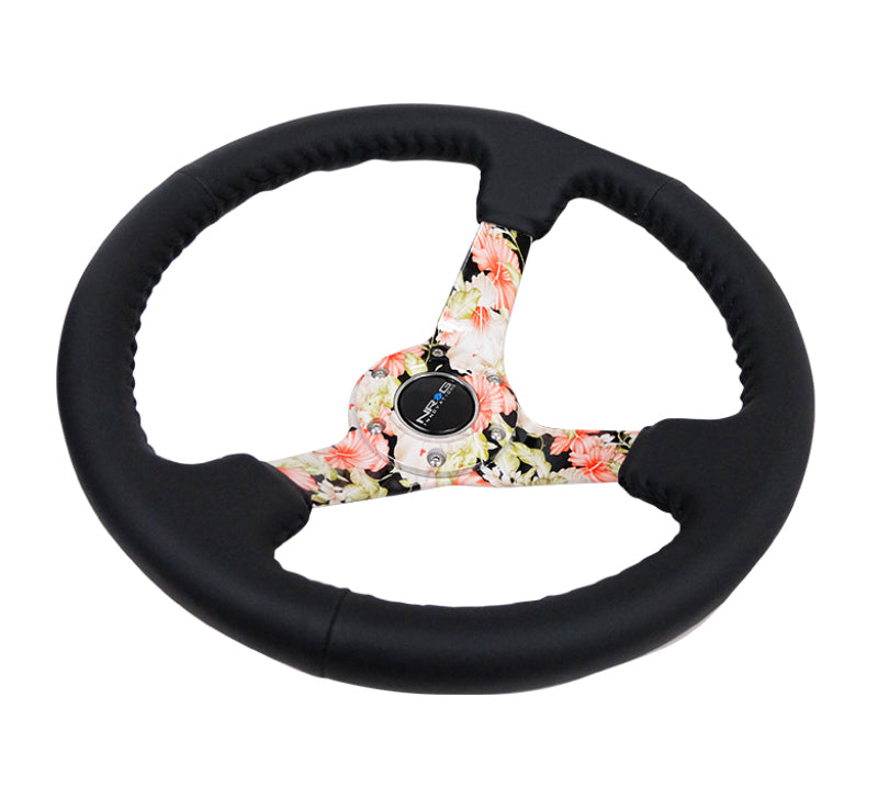 NRG Reinforced Steering Wheel (350mm / 3in. Deep) Blk Leather Floral Dipped w/ Blk Baseball Stitch - 0