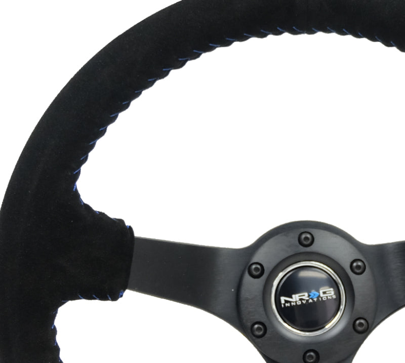 NRG Reinforced Steering Wheel (350mm / 3in. Deep) Blk Suede/Blue BBall Stitch w/5mm Matte Blk Spokes - 0