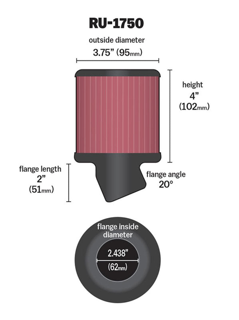 K&N Filter Universal Rubber Round Straight Filter 20 Deg Angled 2-7/16in Flange 3-3/4in OD 4in H - 0