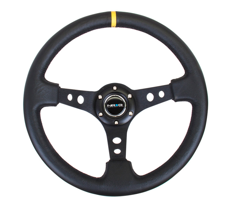 NRG Reinforced Steering Wheel (350mm / 3in. Deep) Blk Leather w/Blk Cutout Spoke/Yellow Center Mark - 0