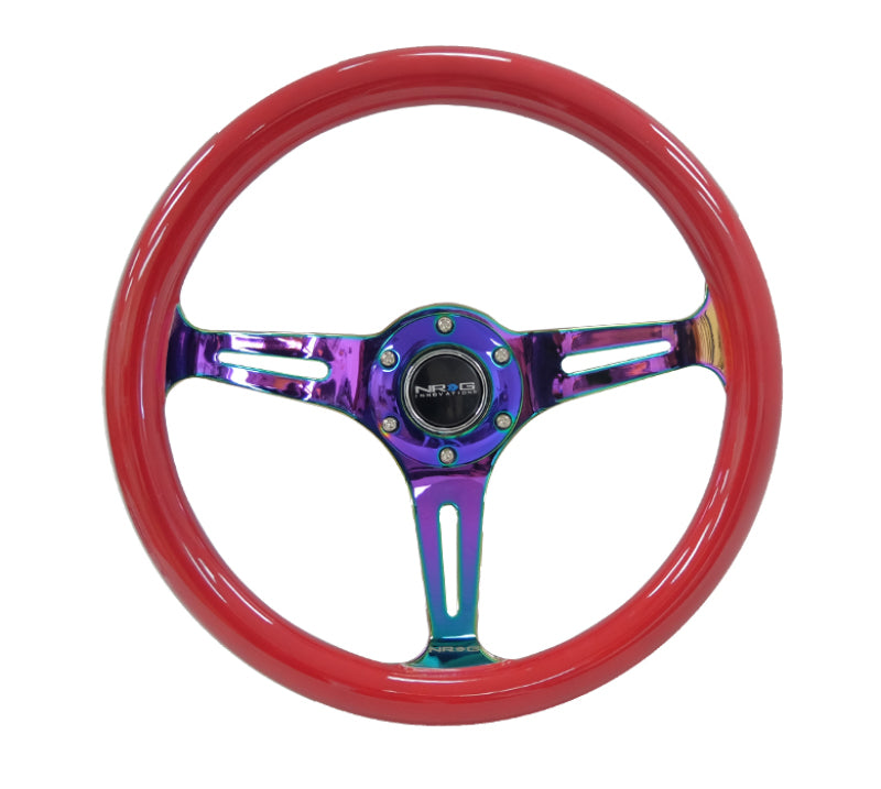 NRG Classic Wood Grain Steering Wheel (350mm) Red Grip w/Neochrome 3-Spoke Center - 0