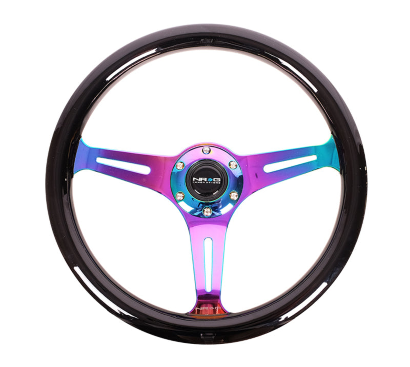 NRG Classic Wood Grain Steering Wheel (350mm) Black Paint Grip w/Neochrome 3-Spoke Center - 0