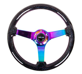 NRG Reinforced Steering Wheel (350mm / 3in. Deep) Classic Blk Sparkle w/4mm Neochrome 3-Spoke Center - 0