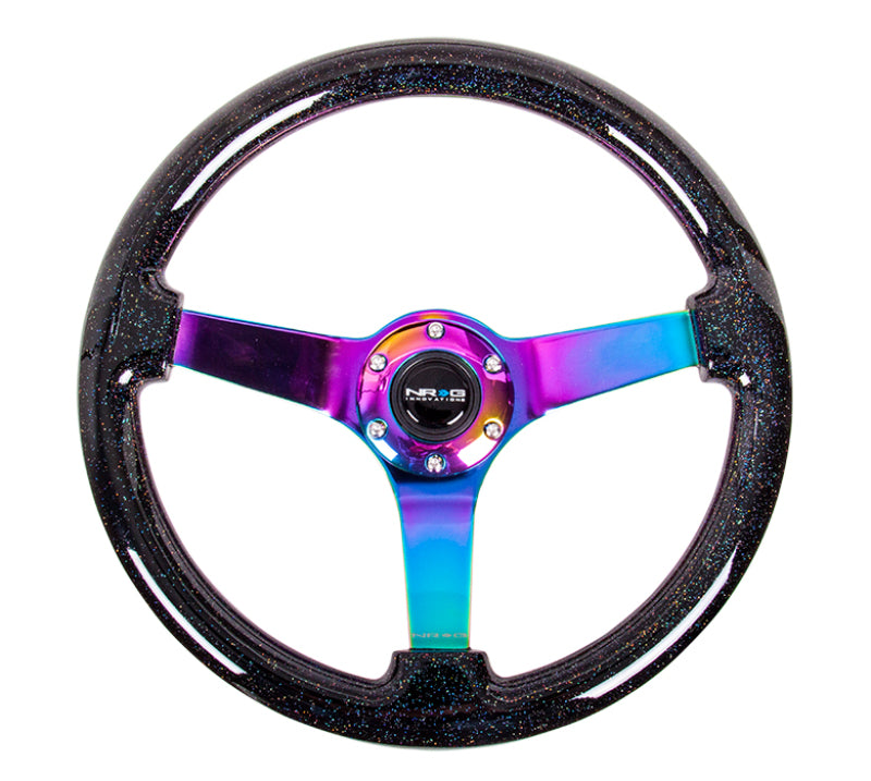 NRG Reinforced Steering Wheel (350mm / 3in. Deep) Classic Blk Sparkle w/4mm Neochrome 3-Spoke Center - 0