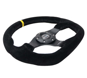 NRG Reinforced Steering Wheel (320mm) Sport Suede Flat Bottom w/ Yellow Center Mark - 0