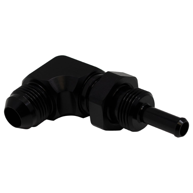 DeatschWerks 8AN Male Flare to 5/16in Male Barb Bulkhead Adapter 90-Degree - Anodized Matte Black - 0