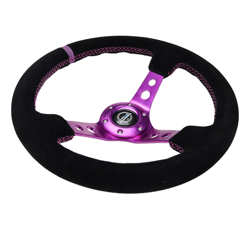 NRG Reinforced Steering Wheel (350mm / 3in. Deep) Black Suede w/Purple Center & Purple Stitching - 0