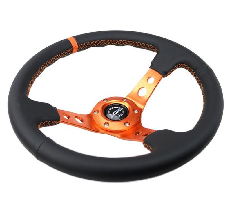 NRG Reinforce Steering Wheel (350mm / 3in. Deep) Blk Leather, Orange Center Mark w/ Orange Stitching - 0