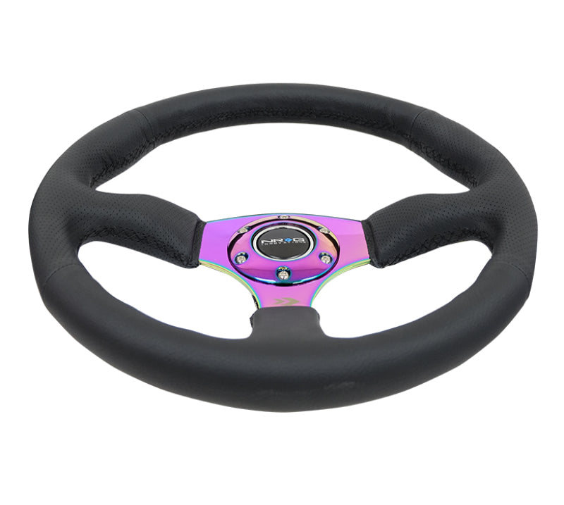 NRG Reinforced Steering Wheel (350mm / 2.5in. Deep) Leather Race Comfort Grip w/4mm Neochrome Spokes - 0