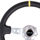 NRG Reinforced Steering Wheel (350mm / 3in. Deep) Blk Leather w/Circle Cut Spokes & Single Yellow CM-1