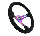 NRG Reinforced Steering Wheel (350mm / 3in. Deep) Blk Suede/Blk Stitch w/Neochrome Slits-1