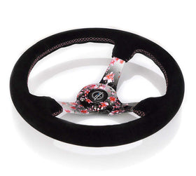 NRG Reinforced Steering Wheel (350mm) 3in Deep Pink Sakura Floral Solid Spoke - Black Suede/Stitch - 0