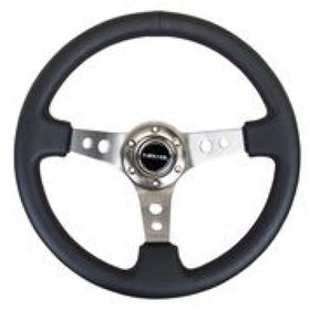 NRG Reinforced Steering Wheel (350mm / 3in. Deep) Blk Leather w/Gunmetal Circle Cutout Spokes - 0