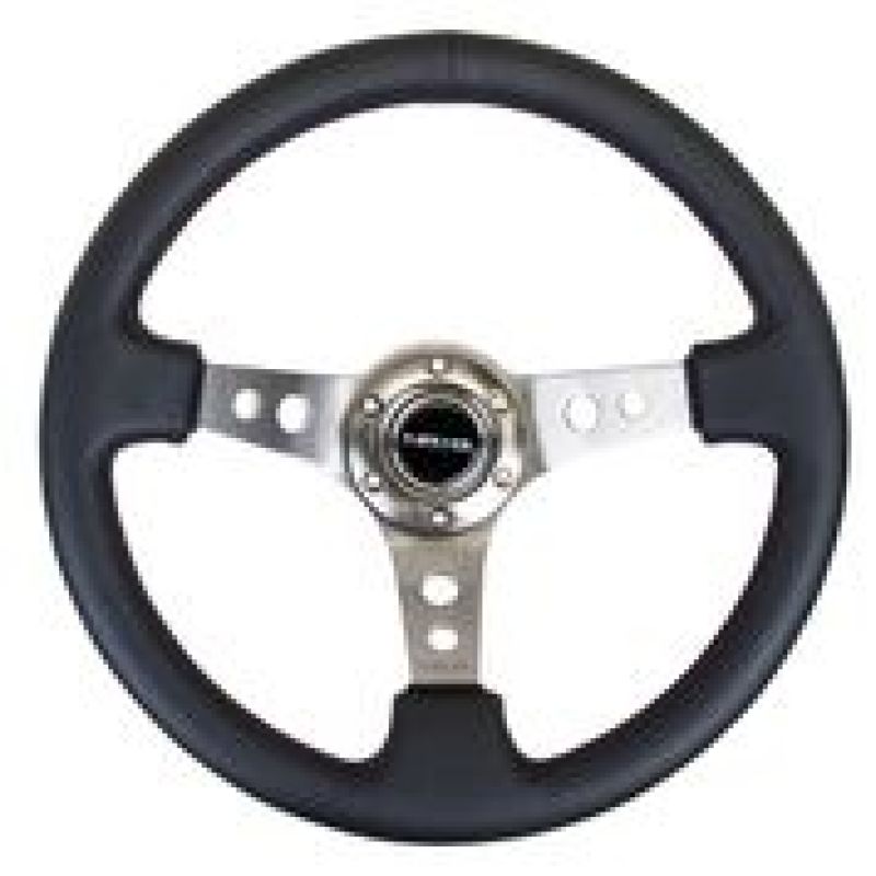 NRG Reinforced Steering Wheel (350mm / 3in. Deep) Blk Leather w/Gunmetal Circle Cutout Spokes - 0