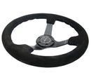NRG Reinforced Steering Wheel (350mm / 3in. Deep) Blk Suede/Blue BBall Stitch w/5mm Matte Blk Spokes-4