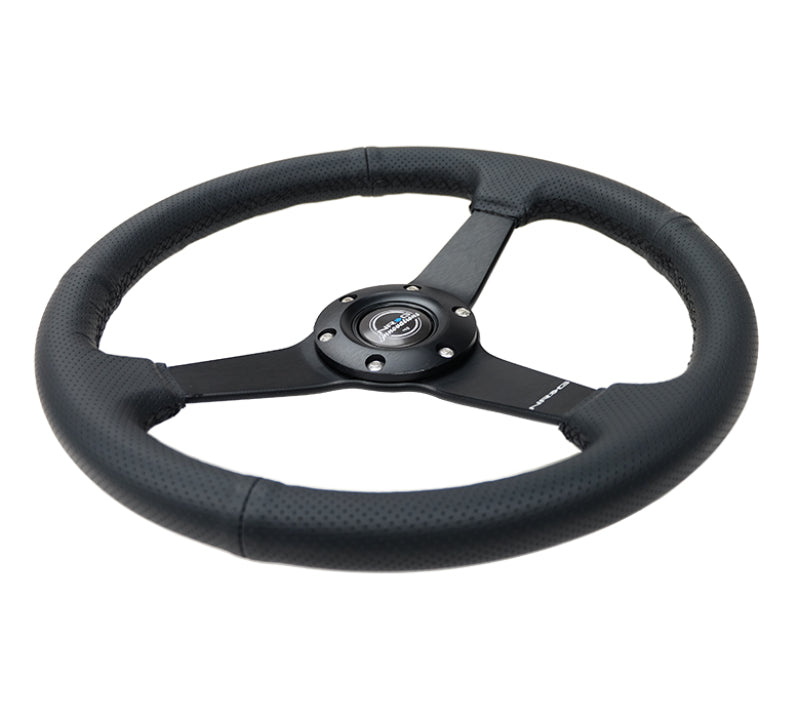 NRG Sport Steering Wheel (350mm / 1.5in Deep) Black Leather Black Stitch w/Matte Black Solid Spokes - 0