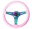 NRG Classic Wood Grain Steering Wheel (350mm) Solid Pink Painted Grip w/Neochrome 3-Spoke Center-1