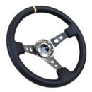 NRG Reinforced Steering Wheel (350mm / 3in. Deep) Blk Leather w/Gunmetal Cutout Spoke & Yellow CM-1
