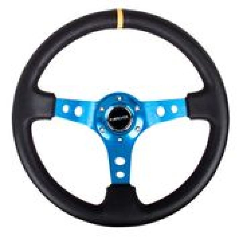 NRG Reinforced Steering Wheel (350mm / 3in. Deep) Blk Leather w/Blue Cutout Spoke & Single Yellow CM - 0