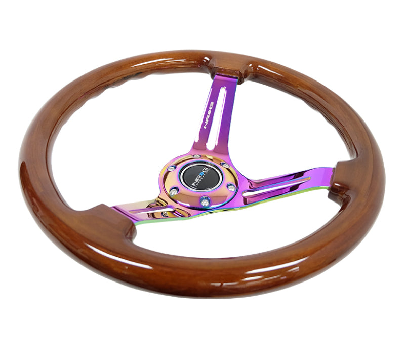 NRG Reinforced Steering Wheel (350mm / 3in. Deep) Brown Wood w/Blk Matte Spoke/Neochrome Center Mark - 0