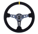 NRG Reinforced Steering Wheel (350mm / 3in. Deep) Blk Suede w/Circle Cut Spokes & Single Yellow CM-2