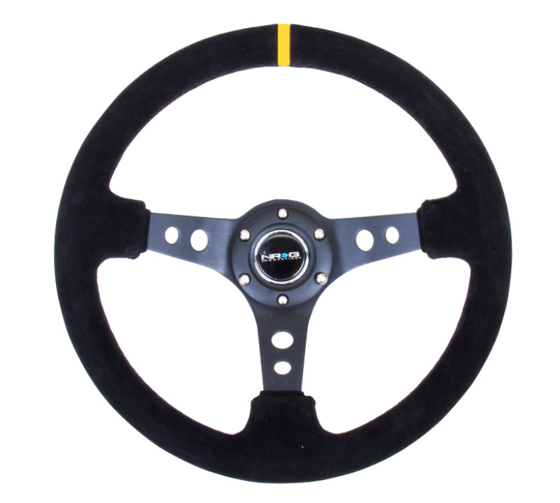 NRG Reinforced Steering Wheel (350mm / 3in. Deep) Blk Suede w/Circle Cut Spokes & Single Yellow CM - 0