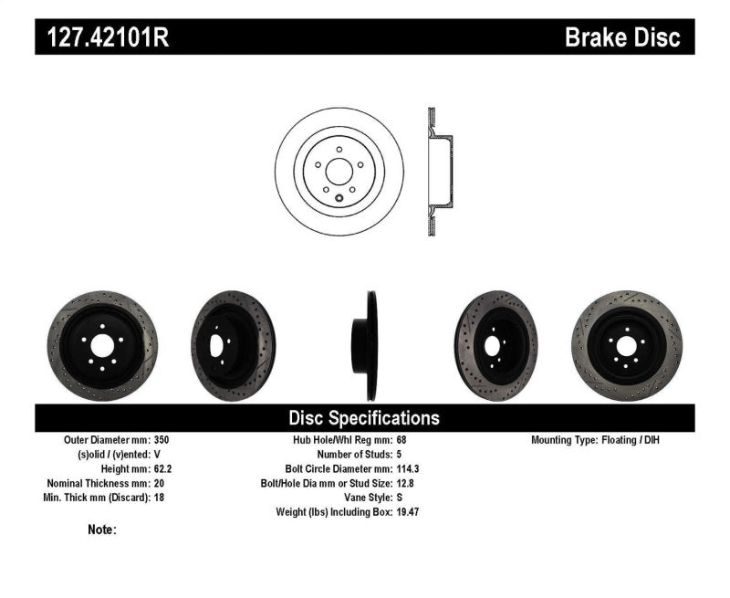 StopTech Infiniti G37 / Nissan 370Z SportStop Slotted & Drilled Rear Right Rotor - 0