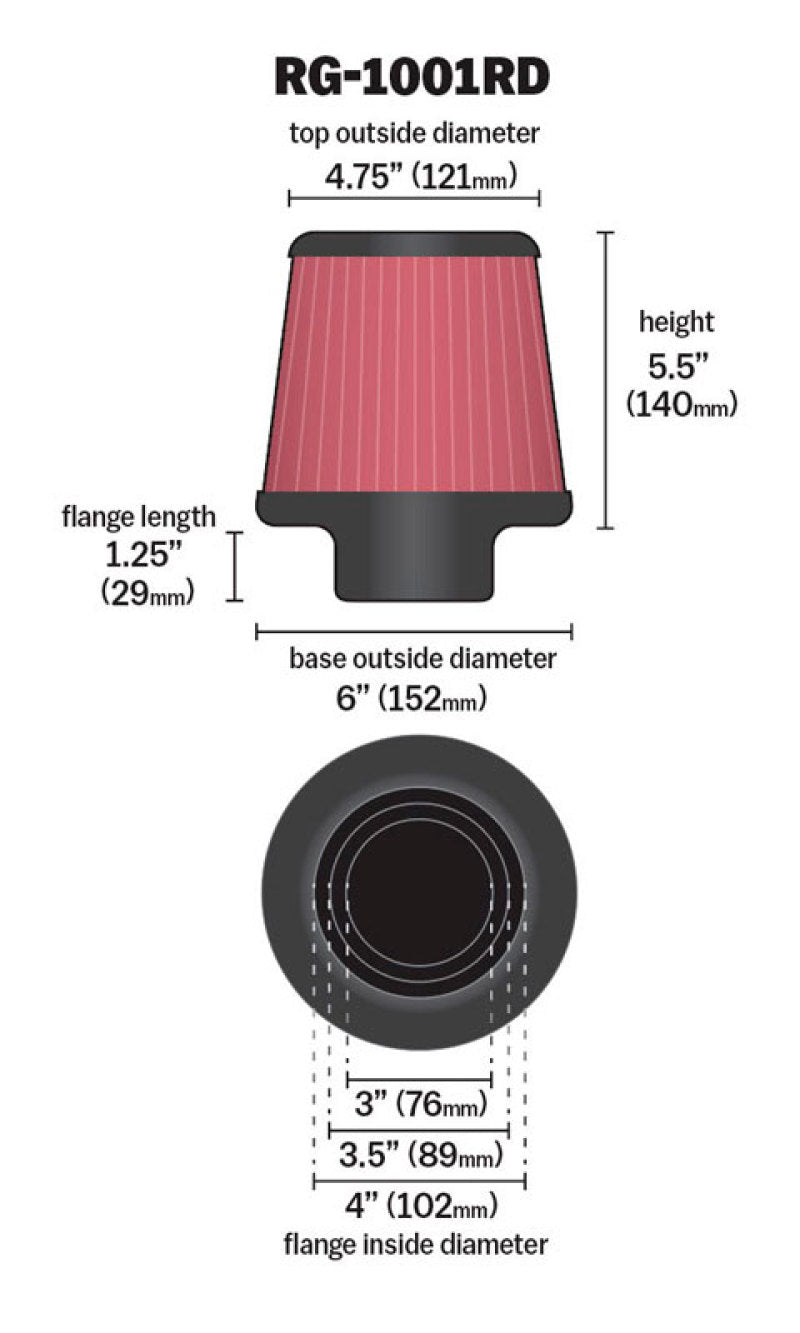 K&N Universal Air Filter Chrome Round Tapered Red - 4in Flange ID x 1.125in Flange Length x 5.5in H - 0