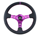 NRG Reinforced Steering Wheel (350mm / 3in. Deep) Black Leather w/Purple Center & Purple Stitching-2
