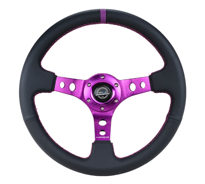 NRG Reinforced Steering Wheel (350mm / 3in. Deep) Black Leather w/Purple Center & Purple Stitching - 0